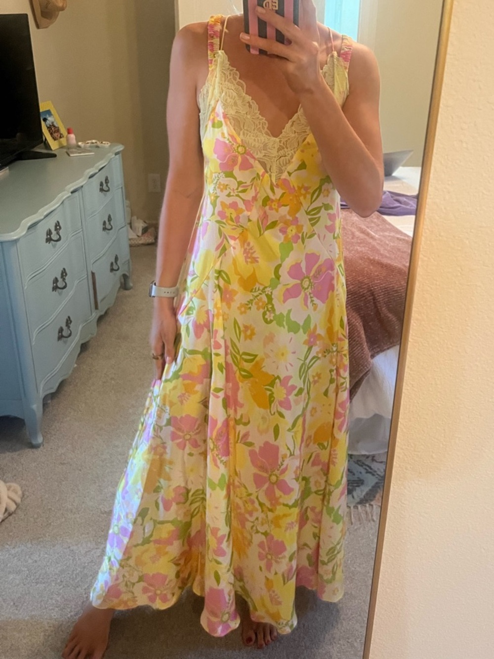 Free People Yellow and Pink Floral Lace-Trim Maxi Dress